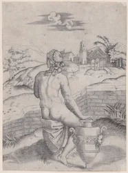 Nainen istuu lähellä maljakkoa, n. 1514-36.