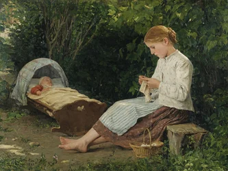 Anker, Albert (1831-1910) neuletyttö katsomassa taaperoa kehdossa. Öljy kankaalle, koko: 54x70