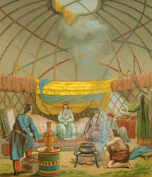 Kalmyk, Kalmuk-teltta, kuvitus Racinet Augusten teoksesta The Complete Cotume History