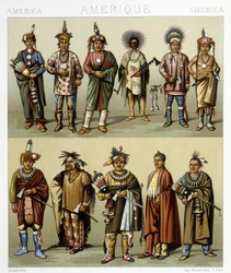Punainen mänty puku. Kuvitus Racinetin teoksesta ""The historiallinen puku"".
