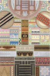 Koriste Oseaniasta ja Keski-Afrikasta, "Polychrome Ornament", kaiverrus Dufour ja F. Durin, pub. Kirjailija: Lemercier & C.