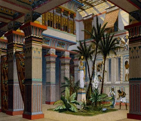Egypti, rikkaiden kodin sisustus muinaisessa valtakunnassa, Charpentierin litografia, Le Costume Historique (History of Costumes), osa II, kirjoittanut Auguste Racinet