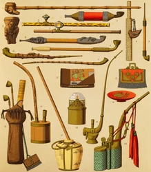 Piippu ja tupakoitsijoiden käyttämät esineet, Schmidtin litografia teoksesta The Complete Costume History, ensimmäinen osa, kirjoittanut Auguste Racinet (1825-1893), Pariisi
