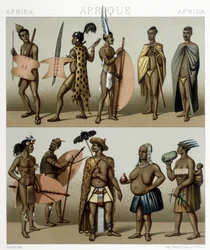 Perinteinen Cafrerie-asu (Afrikan meridionaalinen osa). Kuvitus Racinet