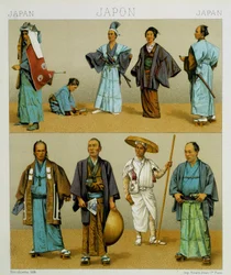 Erilaisia perinteisiä japanilaisia miesten asuja, mukaan lukien kimono. Kromolitografinen levy - Racinetin "" Le costume historique" -kirjassa