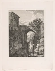 Vesiputous lähellä San Roccon siltaa Tivolissa Cascata, e Ponte di St. Rocco a Tivoli (otsikko esineessä) Kuvankauniita kaiverrettuja esitteitä Italiasta (sarjan nimi)