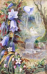 "Arkadian maisema, joka esitetään onnen maana. Nainen istuu puron varrella, leppäkerttu lepää kasvilla. Albert Durer Lucasin (1828-1918) maalaus 1880 Yksityiskokoelma.