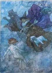 Kaikki hölmöivät ja huutavat hänelle "katsokaa eteenpäin, katsokaa vain eteenpäin", The Water Babies -pubista. Humphrey Milford Oxford University Press, n. 1930 (väri litho)