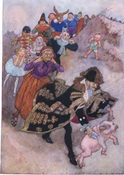 Ennen heitä juoksi herrasmies, joka ohjasi sikaa, The Water Babies -pubista. Humphrey Milford Oxford University Press, n. 1930 (väri litho)
