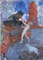 Hän otti elävän hiilen ja laittoi sen Grimes-piirakkaan, The Water Babies -pubista. Humphrey Milford Oxford University Press, n. 1930 (värilitho)