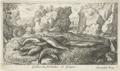 Gobit joen rannalla Gabius siue fundulus. Le Goujon. (otsikko esineessä) Kalat ja muut meren eläimet - makean veden toinen sarja (sarjan nimi) Seconde partie de Poissons d