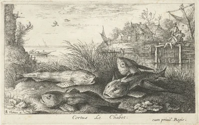 Neljä pentua joen rannalla Cortus LeChabot. (otsikko esineessä) Kalat ja muut meren eläimet - makean veden toinen sarja (sarjan nimi) Seconde partie de Poissons d