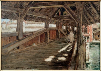 Kuolleiden tanssin silta (Spreuerbrucke) Luzernissa. Albert Goodwinin (1845-1932) maalaus. Öljy kankaalle. Yksityiskokoelma.
