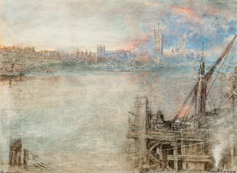Westminster ja parlamenttitalo auringonlaskun aikaan (kynä  musta muste  akvarelli, raaputettu paperille).