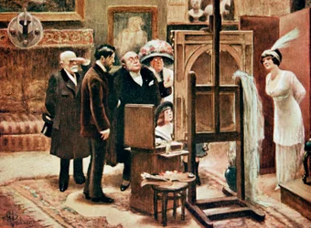 maalari, joka esittelee maalaustaan, n. 1920 (painettu)