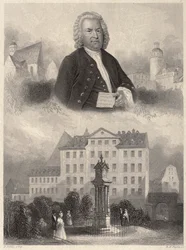 Johann Sebastian Bachin muotokuva, Bachin muistomerkki ja Pyhän Tuomaan kirkko ja koulu Leipzigissä, n. 1860