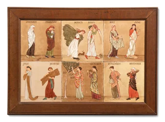 Kuusi Minton Hollis & Co -laattaa, jotka edustavat kuukausia, n. 1880-1899 (maalattu keramiikka)
