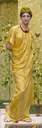 Rapsodia keltaisessa ja perhonen. Keltaiseen drapeerattu nuori nainen. Albert Joseph Mooren (1841-1893) maalaus (prerafaeliitti). Yksityiskokoelma
