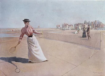Amatöörien tennisottelu rannalla - piirustus, 1900-luku