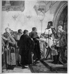 Burgundin Renaud antaa Belfortin asukkaille postimaksun. Renaud de Bourgogne (kuoli vuonna 1321) vapautti Belfortin kaupungin vuonna 1307 ja tarvitsi rahaa käydäkseen sotaa Pyhän Imperiumin keisaria Rodolphe I:tä vastaan.