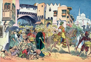 Aladdin ratsastaa kaupungin kaduilla ja heittelee rahaa ympärilleen. Albert Robidan (1848-1926) kuvitus tarinaan "Aladin ja ihana lamppu" teoksessa "" les mille et une nuits" (Kuvitus tarinalle "" Aladdin" ” julkaisussa ”The Book of One Tho