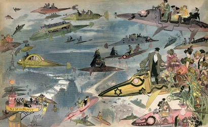 Ennakointi: Pariisin oopperan julkaisu vuonna 2000, suunnittelija Albert Robida näki vuonna 1900. Parisilaiset kiertävät kaikenlaisten lentokoneiden läpi.
