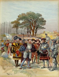 Viides Italian sota (1515-1516): Bicoccasta (bicoque) vetäytyneessä leirissä Milanon (Italia) edessä vuonna 1516 sveitsiläiset vaativat palkkaa, kongea tai taistelua, Odet de Foix, varakreivi de Lautrec, Ranskan marechal (1485-1528) eivät pystyneet maksama