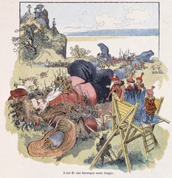 Lilliputilaiset sitoivat Gulliverin - Swiftin "" Gulliver Voyages" -kirjassa, ill. kirjoittanut Robida