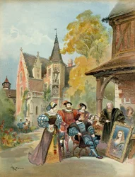 Kuningas Frans I (1494-1547) ostaa Mona Lisan Leonardo da Vinciltä (1452-1519) Amboisen kuninkaanlinnan lähellä vuosien 1516 ja 1519 välillä. Kuvitus