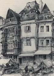 Place du marche Lannionissa - Vanha Ranska - Bretagne - tekstiä, piirustuksia ja litografioita, Albert Robida (1848-1926), päivätty 1800-luvun loppu
