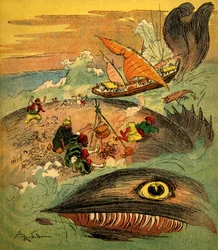 Sindbad merimies (Sinbad) - tarina tuhannesta ja yhdestä yöstä (1001) - kirja vuodelta 1948, joka kertoo hänen seikkailuistaan (Fortin-painos, Wonderful Imaging of Lapsuuden kokoelma) - Albert Robidan (1848 - 1926) kuvitus: Sindbad ja hänen toverinsa ovat 