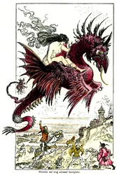 Succubus: lohikäärmeellä ratsastava naispuolinen demoni (nainen - naaras) - Albert Robidan kuvitus Honoré de Balzacin teokseen "Hullunkuriset tarinat" - 1900-luvun alku