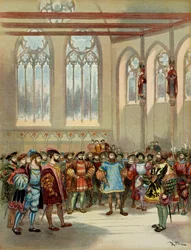 Kaarle V:n (1500-1558) lähettämän Burgundin herautin otti Francois I (1494-1547) vastaan Pariisin parlamentaarikon suuressa salissa 1500-luvun ensimmäisellä puoliskolla. Kuva