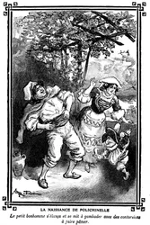 Polichinellen syntymä. Albert Robidan (1848-1926) piirustus lasten lukukirjassa 1920-1930.