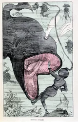 Valas niellyt nainen skaphandlerissa, parodia Jules Vernesta, "" Saturnin Farandoulin erittäin poikkeukselliset matkat 5 tai 6 osassa maailmaa ja kaikissa M. Jules Vernen tuntemissa tai tuntemattomissa maissa", Robida, Paris
