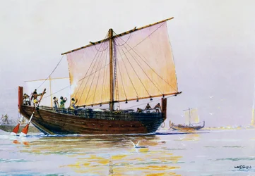 Foinikialainen kauppalaiva saapumassa Pharokseen, Albert Sebillen (1874-1953) akvarelli, 1900-luku.