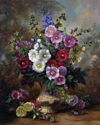 Hollyhocks in a China Vase (öljy kankaalle)