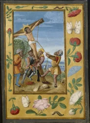 Lehti tuntikirjasta: 1510-1520 (temperaa ja nestemäistä kultaa pergamentilla).