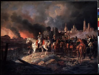 "Moskovan palo 15/09/1812". Kaupungin kuvernööri, kreivi Rostoptšin, sytyttää kaupungin tuleen Napoleon I:n joukkojen saapuessa. Keisari Napoleon I (1769-1821) liekehtivän Moskovan edessä, oikealla levittäytyy Kreml.