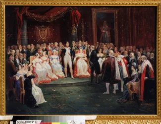 ""Keisari Napoleon Bonaparten (1769-1821) vastaanotto"": Napoleonin edessä seisonut Georges Cuvier (1769-1832) valittiin Kunnialegioonan ritariksi 26. marraskuuta 1803. huoneessa, voimme huomata: Madame de Stael
