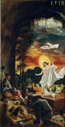 Kristuksen ylösnousemus Hänellä on ristisauva, jonka päässä kelluu valkoinen lippu (standardi). Albrecht Altdorferin (n. 1480-1538) maalaus 1518 Dim. 70x37 cm Wienin taidehistoriallinen museo