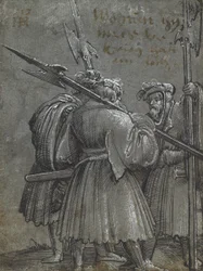 Kolme yövartijaa, 1513 (piirustus siniselle harmaalle paperille)
