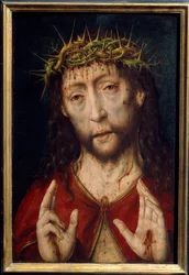 Kärsivä Kristus. Kristuksen kasvot ovat verisillä orjantappurakruunun aiheuttamilla haavoilla, ja kämmenissä on stigmat. Albrecht Boutsin (noin 1455-1549) maalaus. Hollantilainen koulukunta.
