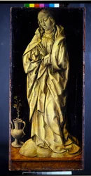 Aiemmin triptyykin siivet, pari, naishahmot, jotka persoonallistivat viisautta ja anteliaisuutta, julistuksella (paneeli; en grisaille verso)