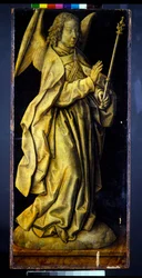 Aikaisemmin triptyykin siivet, pari, viisautta ja anteliaisuutta personoivat naishahmot ja julistus (paneeli; en grisaille verso).