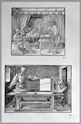 Laitteet kolmiulotteisten esineiden muuntamiseksi kaksiulotteisiksi piirustuksiksi, kaksi kohtausta taiteilijan ensimmäisestä teknisestä kirjasta Introduction in the Art of Measurement with Compass and Ruler, writt