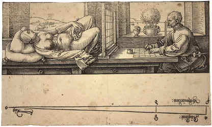 Taiteilija piirtää alaston perspektiivilaitteella, 1538