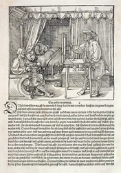Taiteilija käyttää Dürerin piirtokonetta hahmon piirtämiseen, Albrecht Dürerin teoksesta "Piirustustaidon kurssi", julkaistu Nürnbergissä 1525