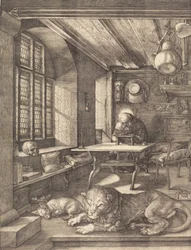 Pyhä Hieronymus tutkimuksessaan, 1514.
