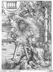 Kohtaus Apokalypsista, Pyhä Johannes söi kirjan, latinalainen painos, 1511 (puupiirros) (bw kuva)